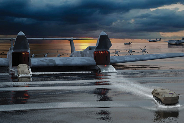  A rendering of a large, heavy cargo, military seaplane with camouflage exterior floating on top of a body of water. The seaplane has multiple propellers and a twin haul design. A released tank is in the foreground. 