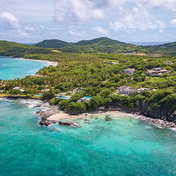 Beautiful coastal view on the island of Mustique. White sand, crystal-clear turquoise water and palm trees line the shore with a clear blue sky above.