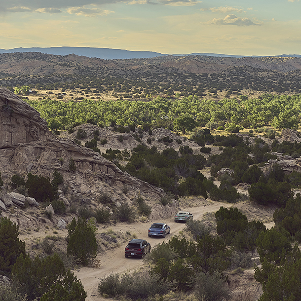 Bentley Flying Spur, Continental GT, and Bentayga SUV traveling on an off-road trip through New Mexico