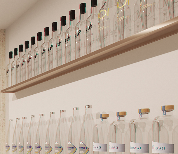 A close-up, angled view of a well-organized wine cellar shelving unit. The wooden shelves are filled with a variety of glass water bottles.