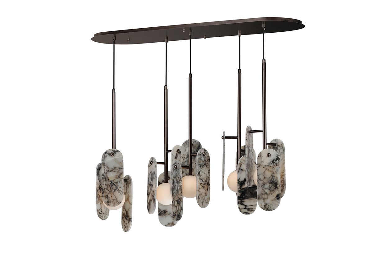 A modern pendant light fixture with a rectangular canopy and multiple hanging components. The components are made of marble with varying patterns and shapes, and each has a round light bulb.