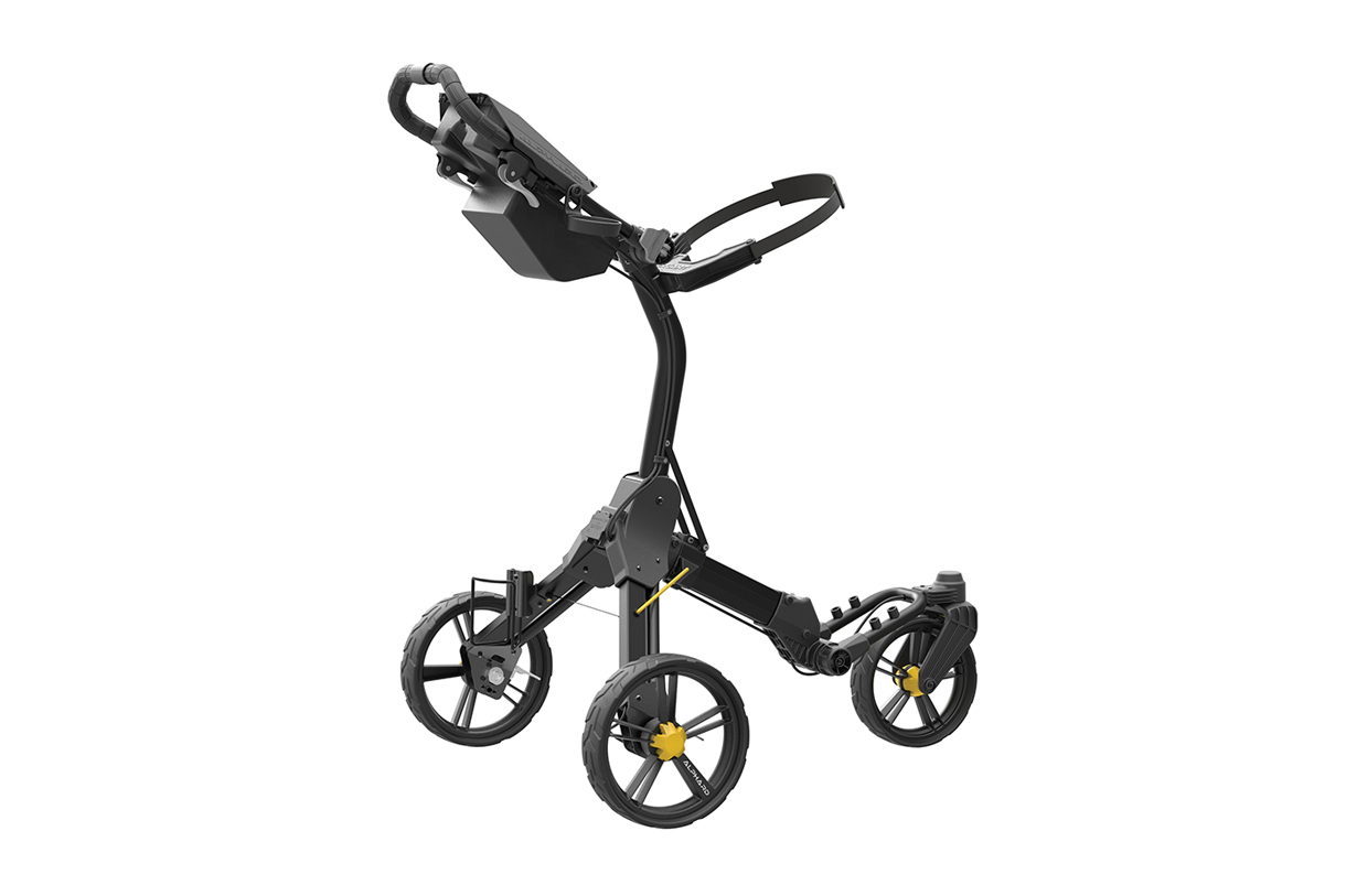 A black golf push cart with a unique three-wheel design and yellow accents. 