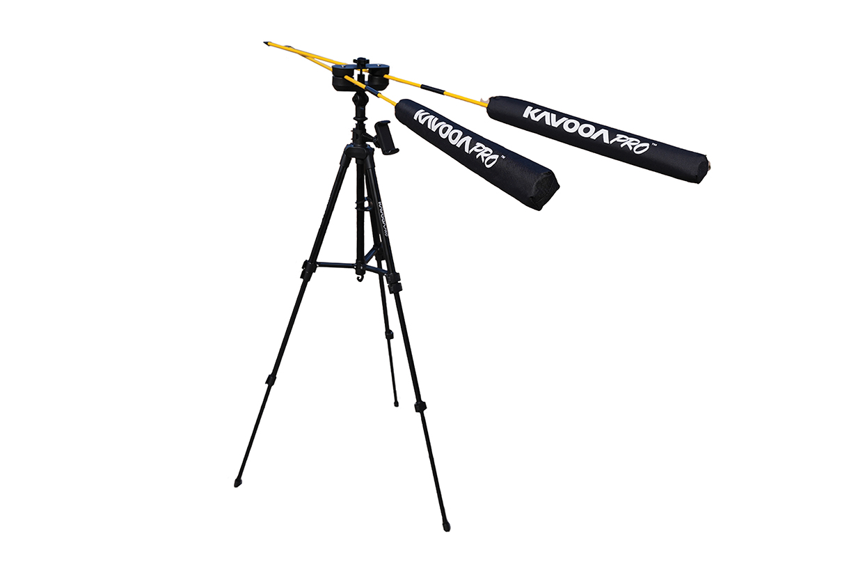 Kavooa Pro golf training aid, consisting of a tripod base with two adjustable arms and yellow handles. The arms are positioned in a way that can help golfers improve their swing mechanics.