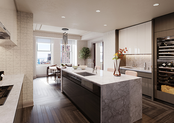 A modern kitchen that has a large island in the center a marble countertop, tall chairs for seating, and a wine cellar with glass doors next to the sink. There is a dining table next to floor-to-ceiling windows with a city view.