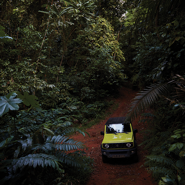 A bright green Suzuki Jimny driving down a dirt road through a dense, tropical rainforest. The vehicle is covered in mud and surrounded by lush vegetation.