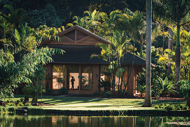 A traditional-style wooden bungalow sits nestled amidst lush tropical foliage at Sensei Lanai, a luxury wellness resort in Hawaii. A serene pond reflects the surrounding nature.