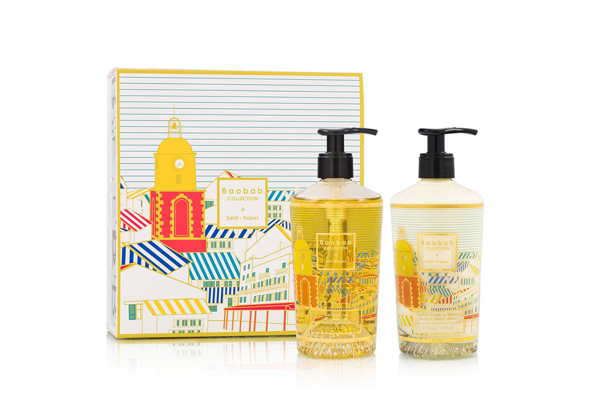 Body care collection, Saint-Tropez Body & Hand Lotion and Shower Gel Gift Set by Belgian home goods brand Baobab Collection in bright pretty packaging.