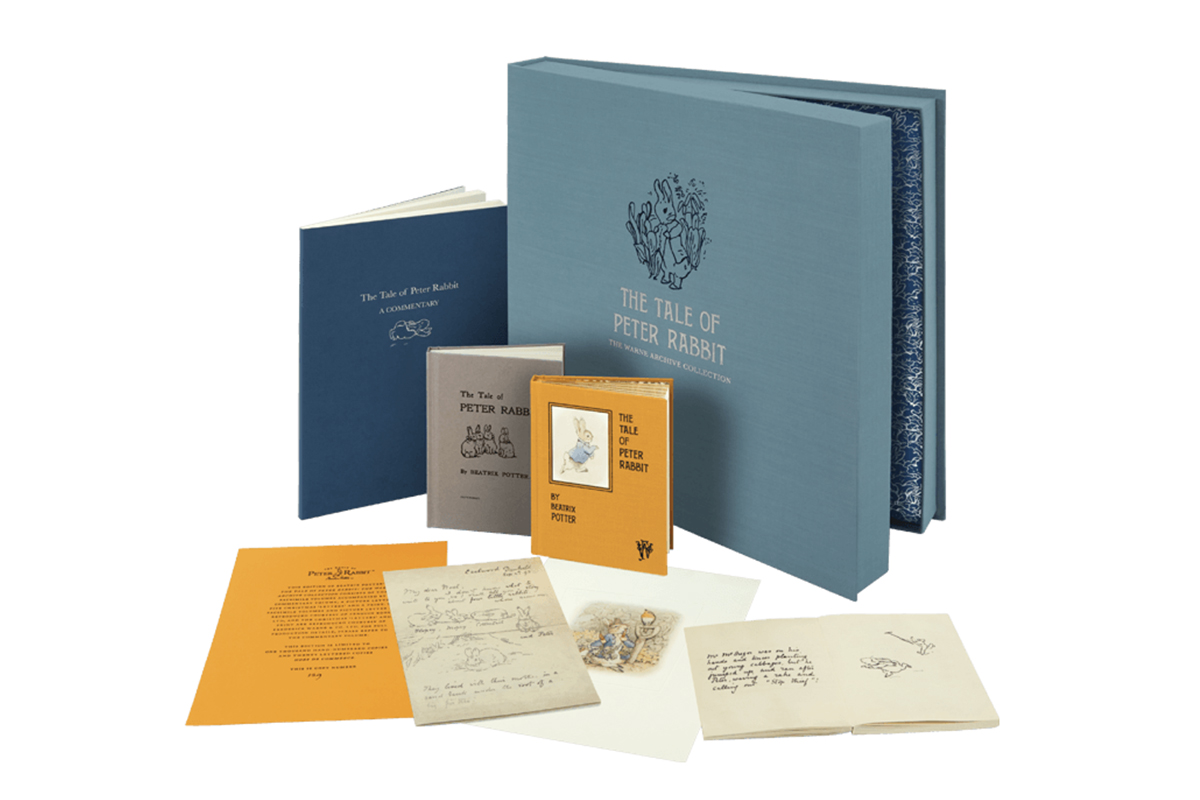 Heirloom-quality, limited edition collection devoted to the Tale of Peter Rabbit from The Folio Society. Set includes a facsimile of Potter's 1901 handwritten and illustrated maquette, a privately printed typed version, and the story's first commercial run from 1902.