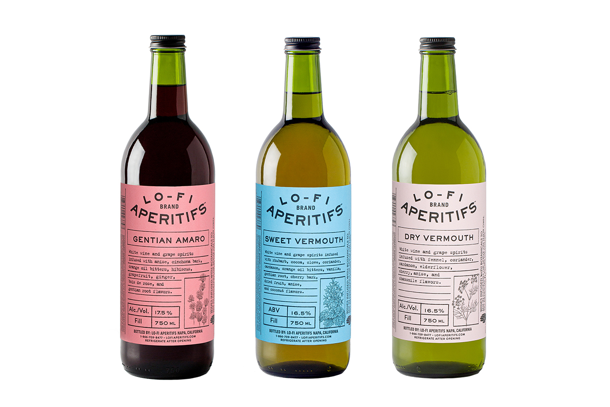 Bottles of Lo-Fi Aperitifs, Classic European vermouths and amaros, using local wines and West Coast botanicals  with a modern California spin twist.